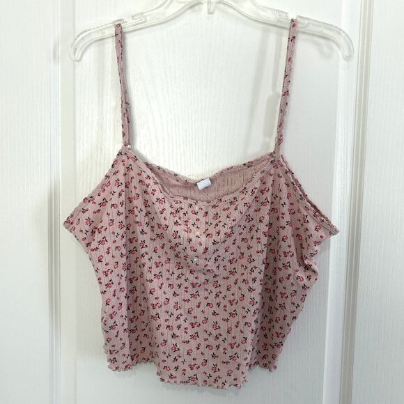 Old Navy Pointelle Henley Tank Top Cropped Cami Pajama Sleeveless Pink Floral - Picture 3 of 6